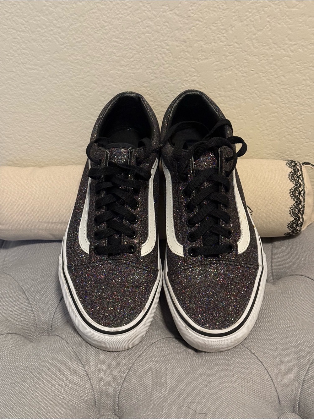 Vans Black Glitter Old Skool Sneakers with White Stripe